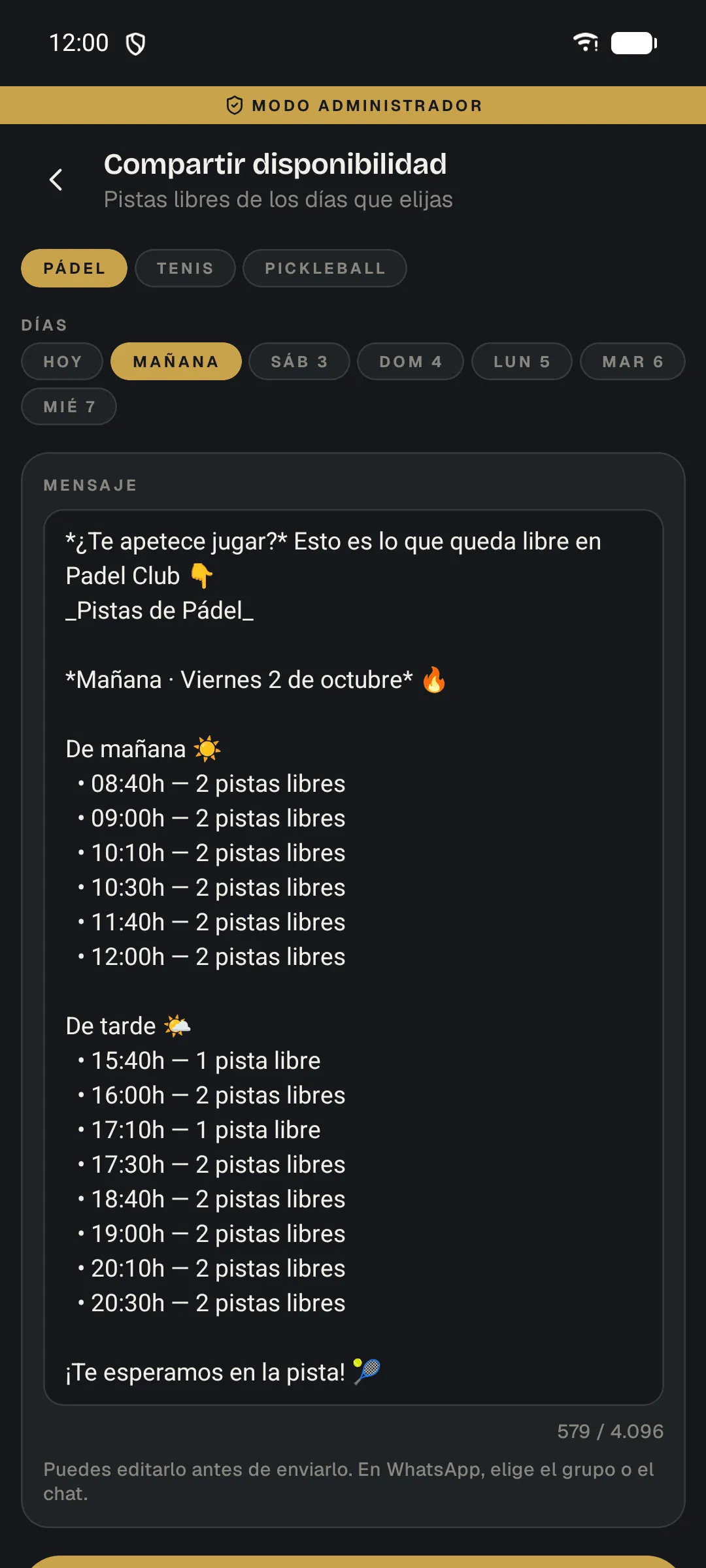 App de admin del club: mensaje con las pistas libres de mañana, listo para enviar por WhatsApp