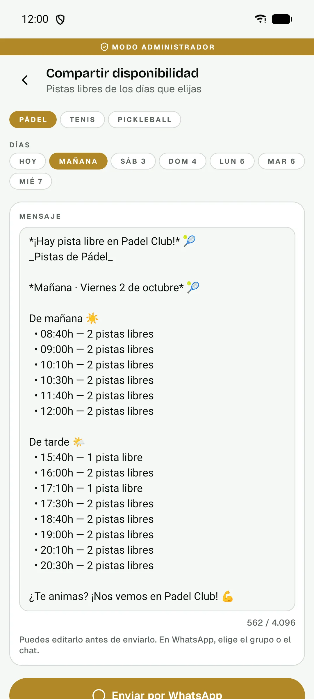 App de admin del club: mensaje con las pistas libres de mañana, listo para enviar por WhatsApp