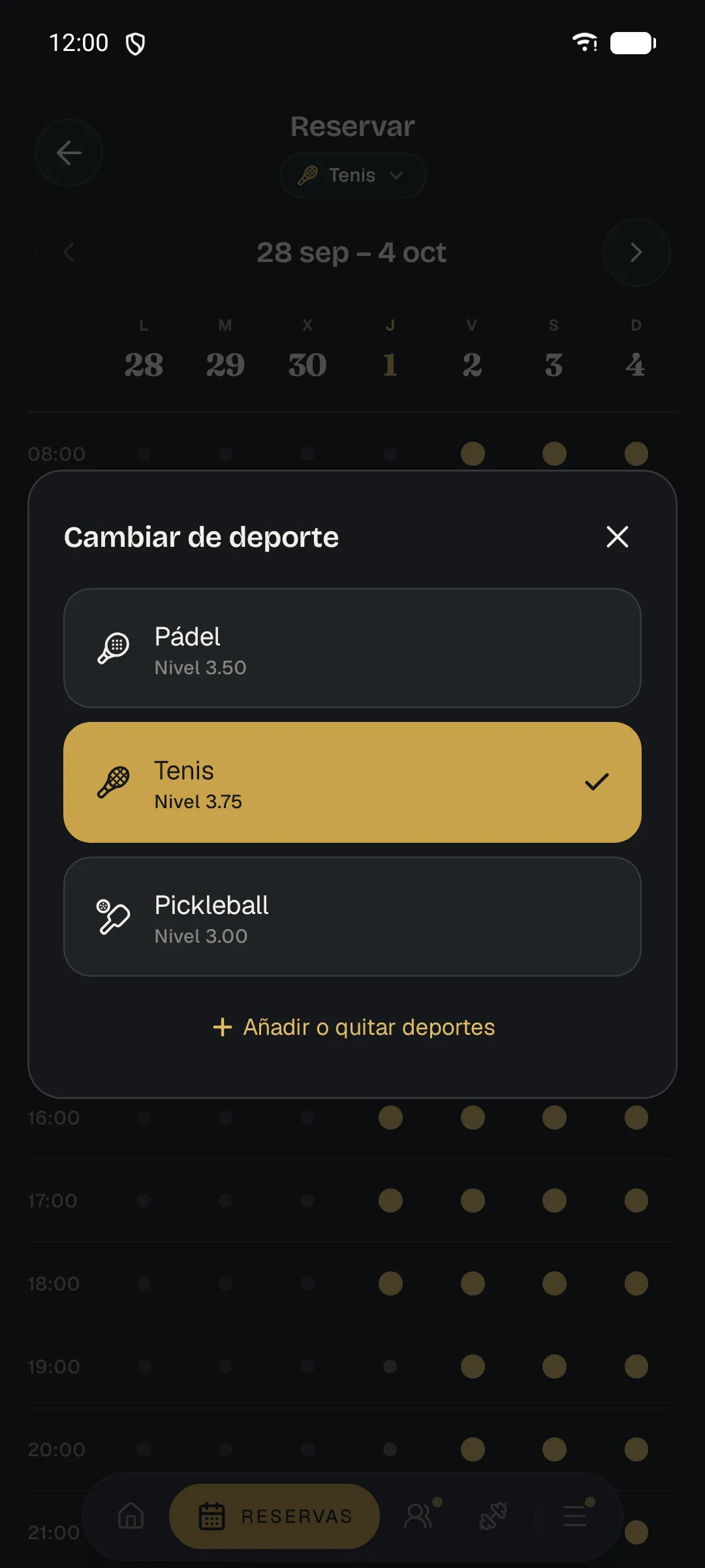 App del club: cambiar de deporte entre pádel, tenis y pickleball, con el nivel del socio en cada uno