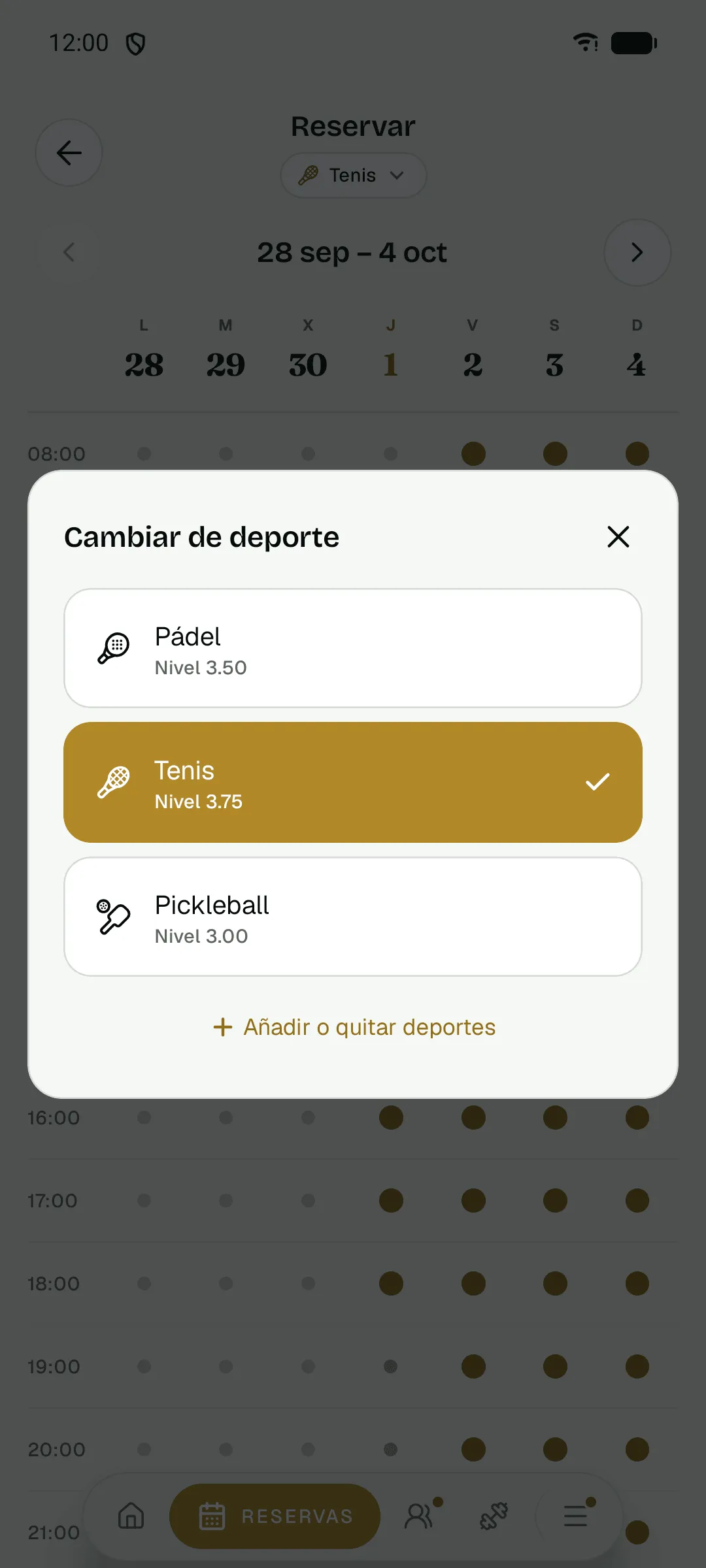 App del club: cambiar de deporte entre pádel, tenis y pickleball, con el nivel del socio en cada uno