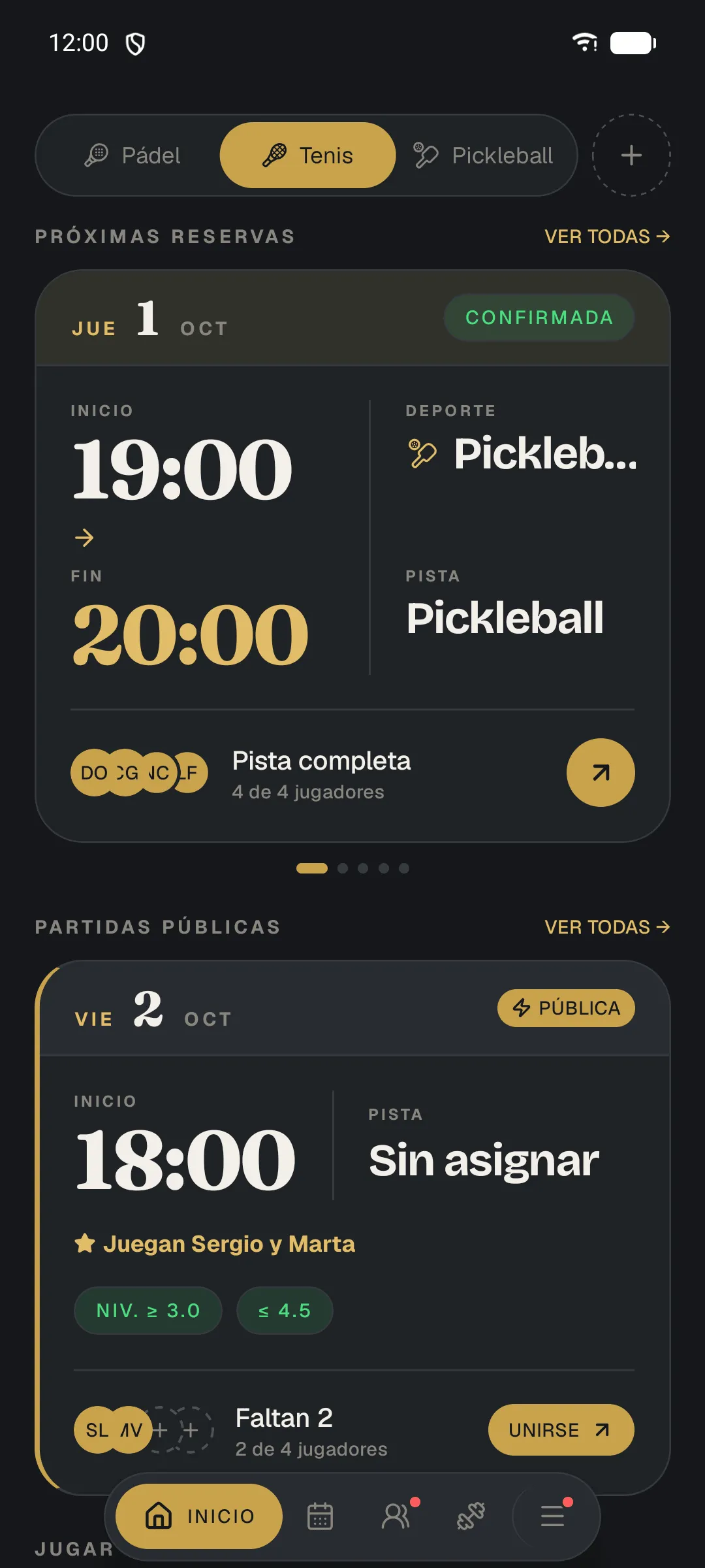 Inicio de la app del club con el selector de deporte: pádel, tenis y pickleball