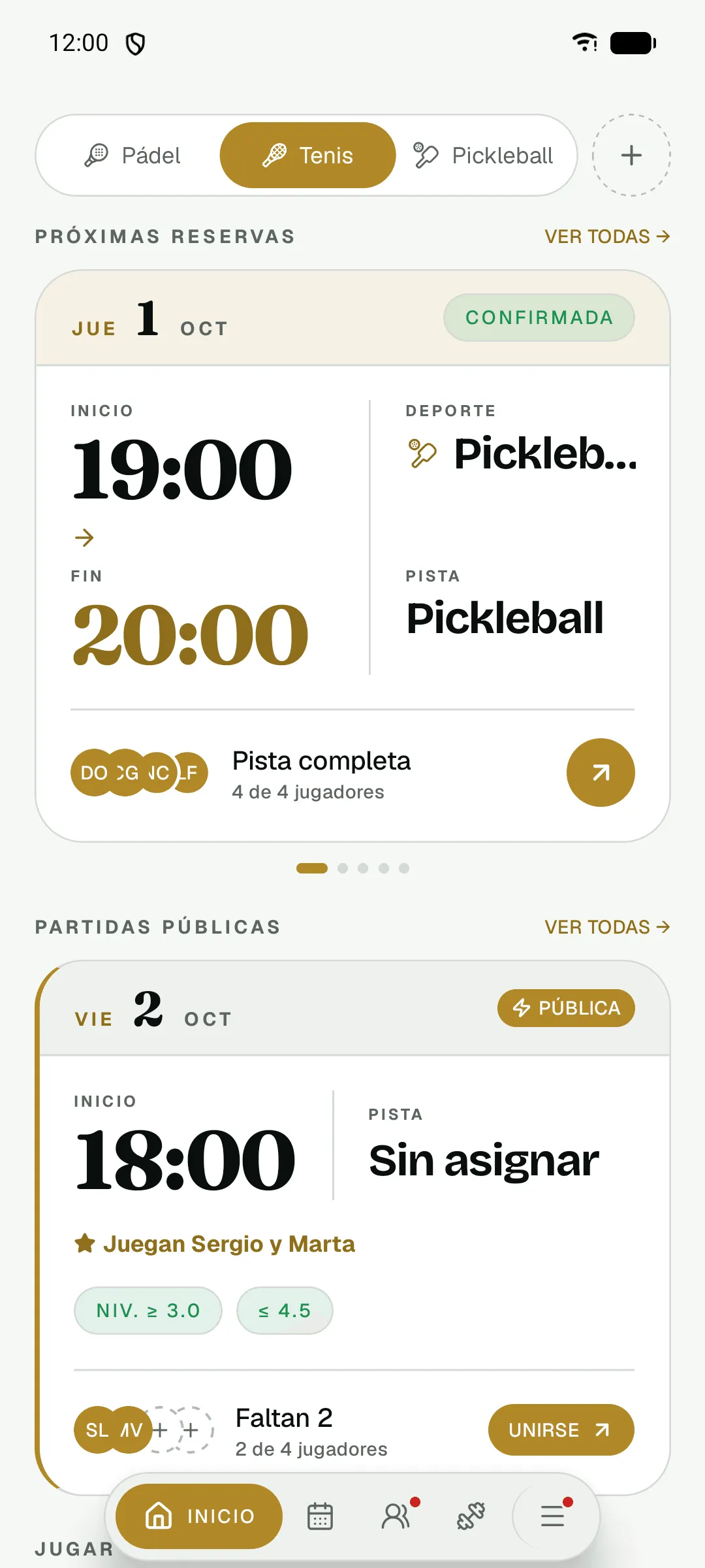 Inicio de la app del club con el selector de deporte: pádel, tenis y pickleball