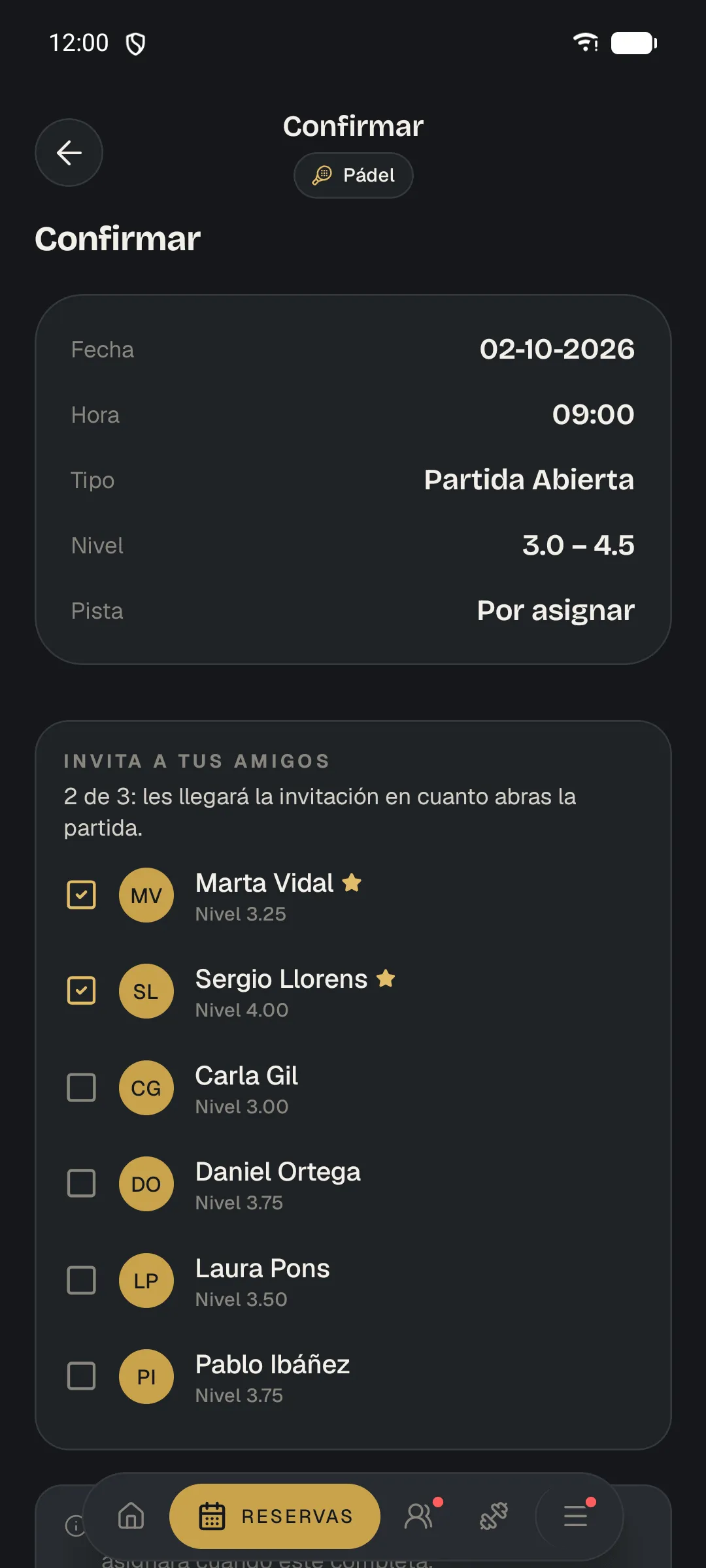 App del club: abrir una partida invitando directamente a amigos