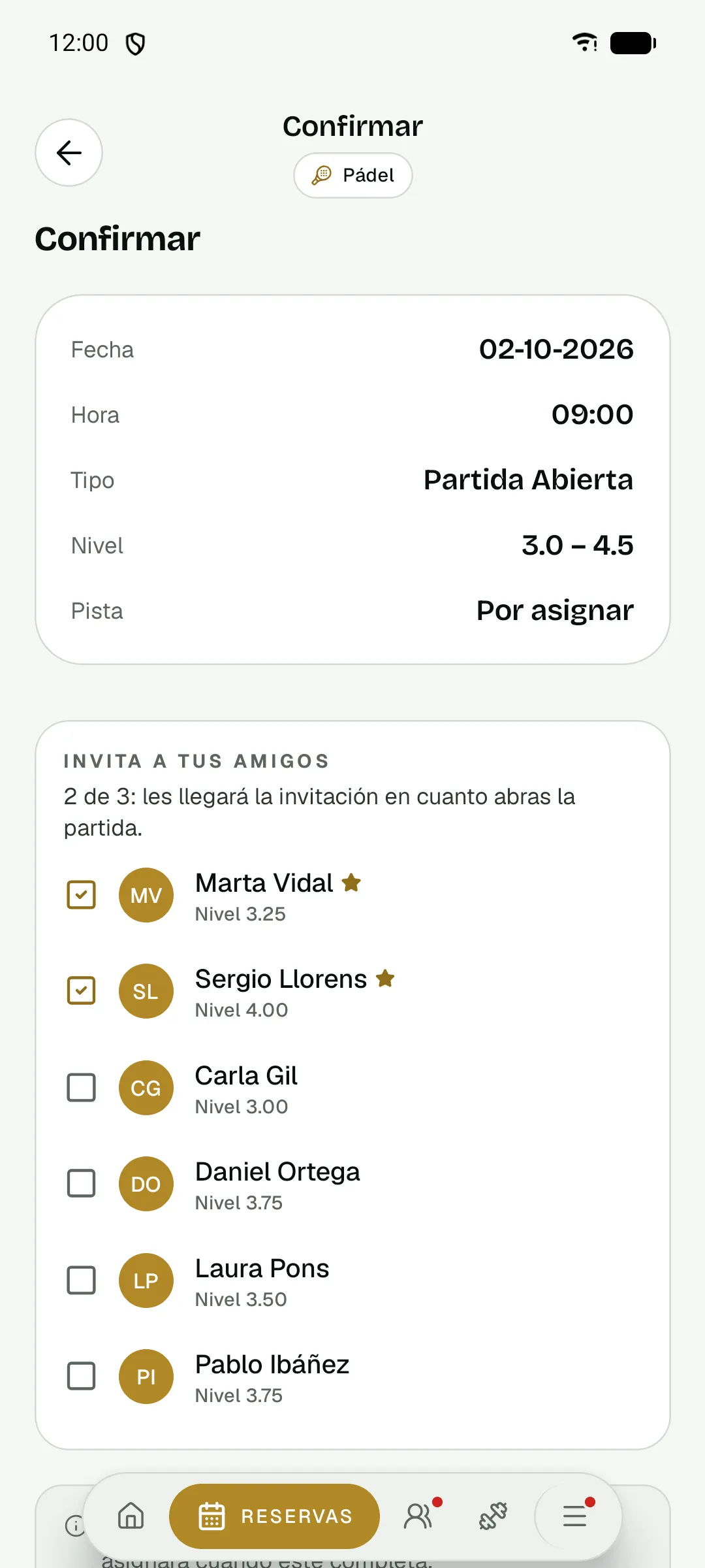 App del club: abrir una partida invitando directamente a amigos
