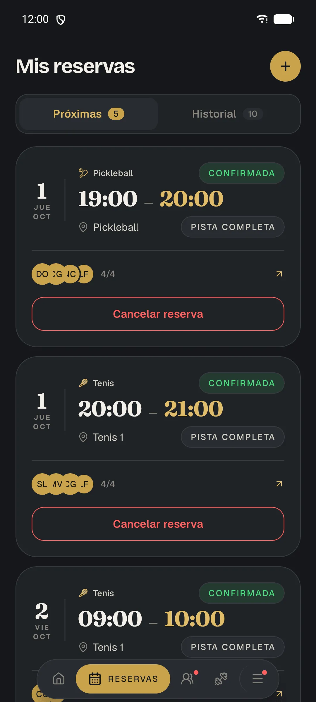 App del club: próximas reservas de pickleball y tenis con su estado, hora y jugadores