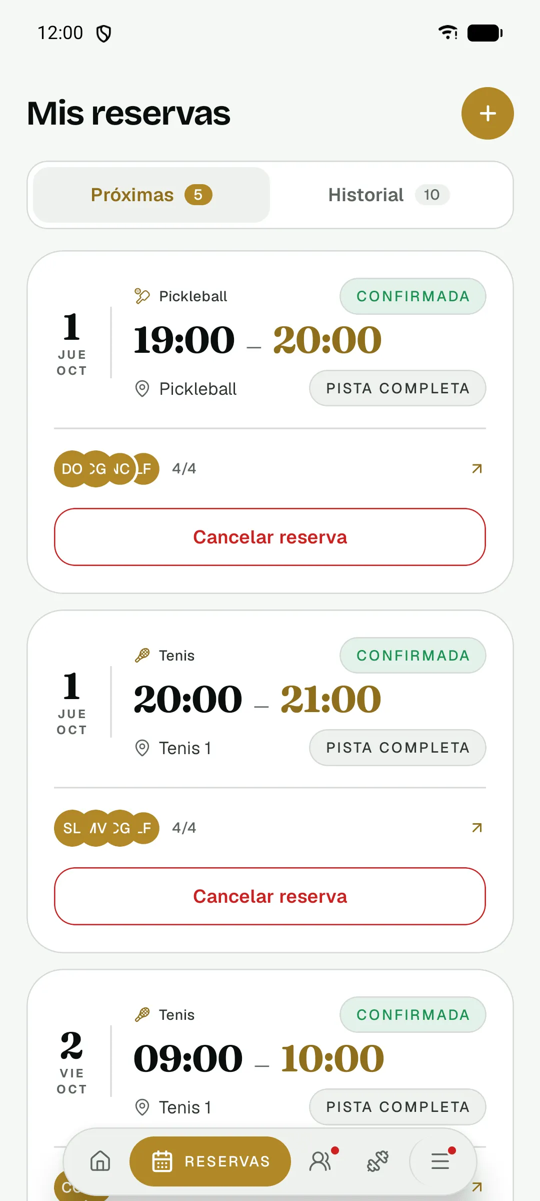 App del club: próximas reservas de pickleball y tenis con su estado, hora y jugadores
