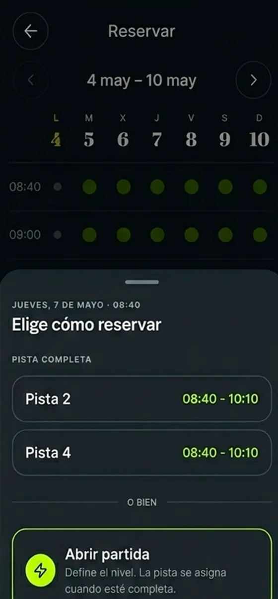 Pantalla de la app para abrir una partida: elegir pista completa o abrir partida buscando jugadores