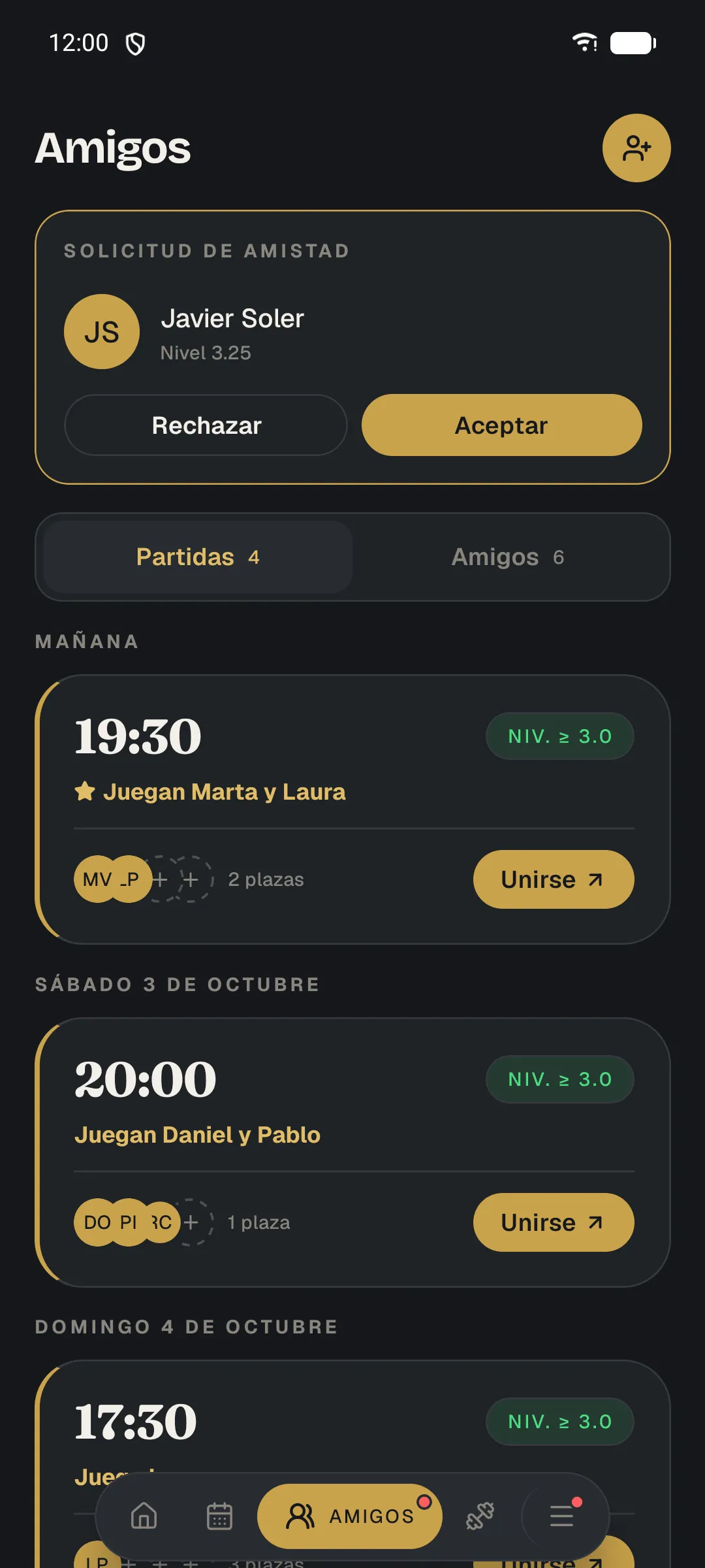 App del club: partidas abiertas en las que juegan amigos del socio