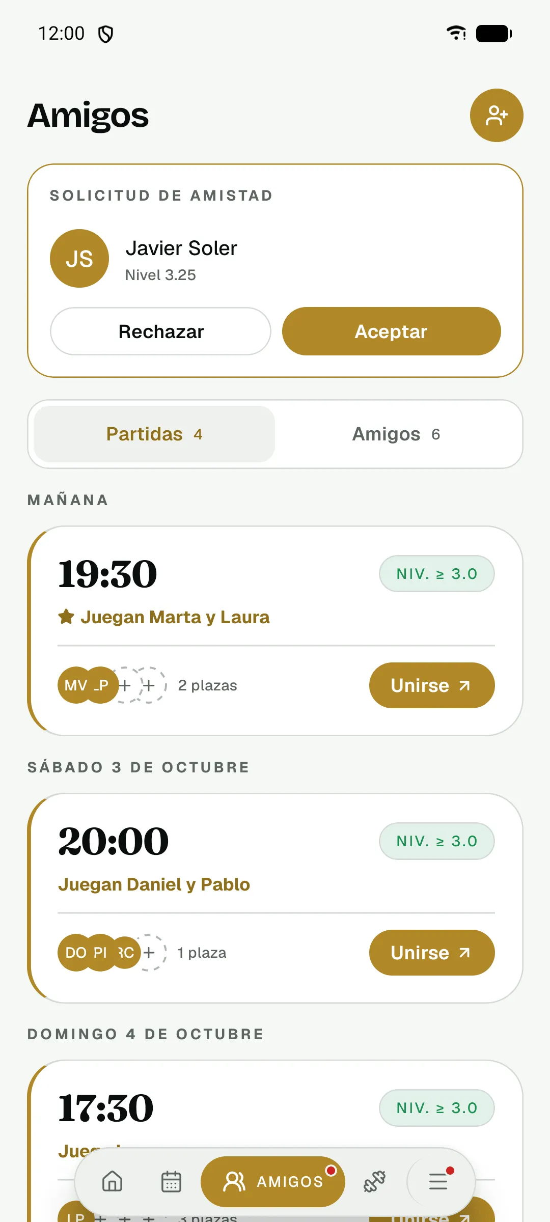 App del club: partidas abiertas en las que juegan amigos del socio