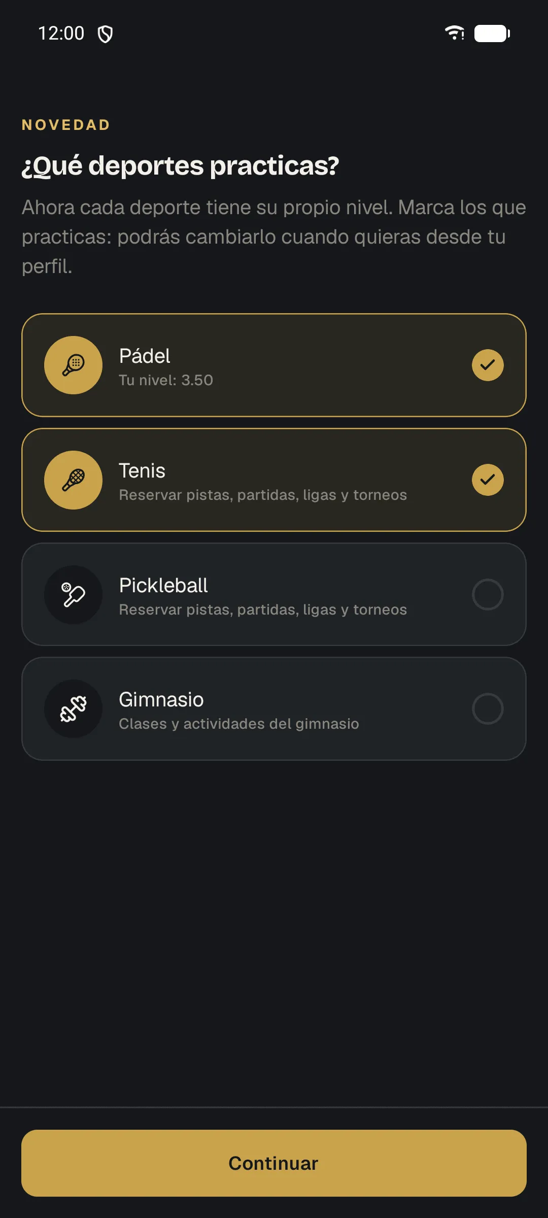 App del club: el socio marca los deportes que practica, con su nivel de pádel ya guardado