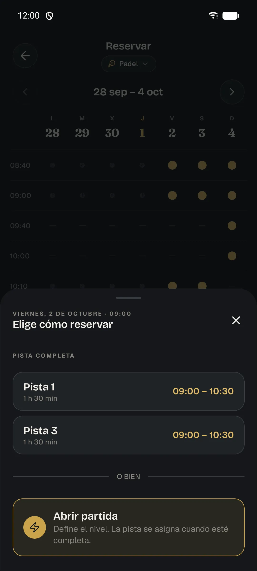 App del club: al elegir una hora, reservar una pista completa o abrir una partida buscando jugadores