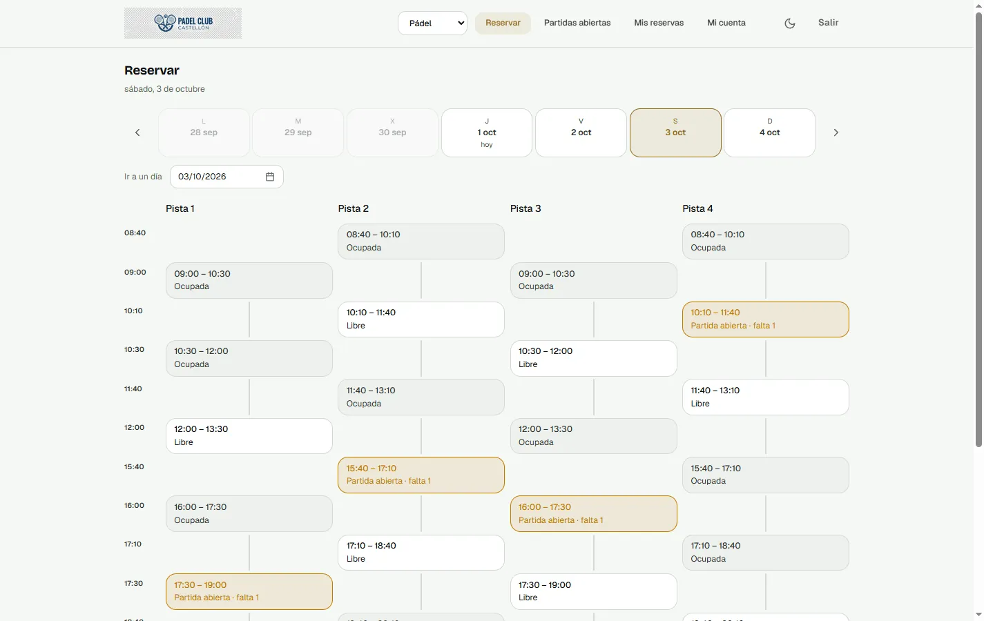 Web de reservas del club: pistas libres, ocupadas y partidas abiertas a falta de un jugador